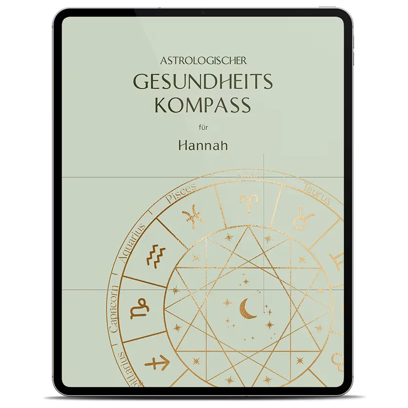 Astrologischer Gesundheits-Kompass als E-Book auf dem Tablet, salbeigrünes Cover mit Tierkreis