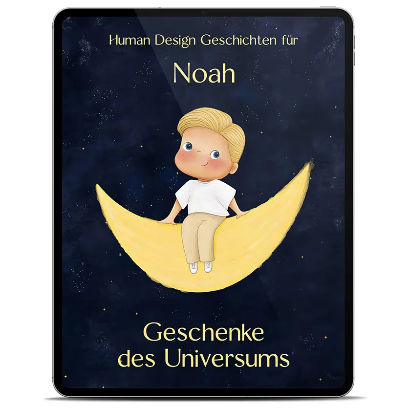 Personalisierte Gute-Nacht-Geschichten mit Human Design auf dem Tablet, Junge Noah auf der Mondsichel