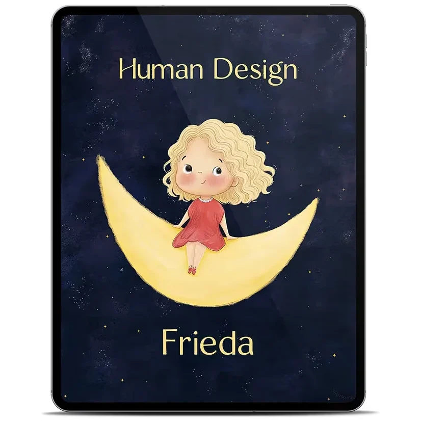 Human Design Kinder Reading als E-Book auf dem Tablet, Mädchen auf der Mondsichel
