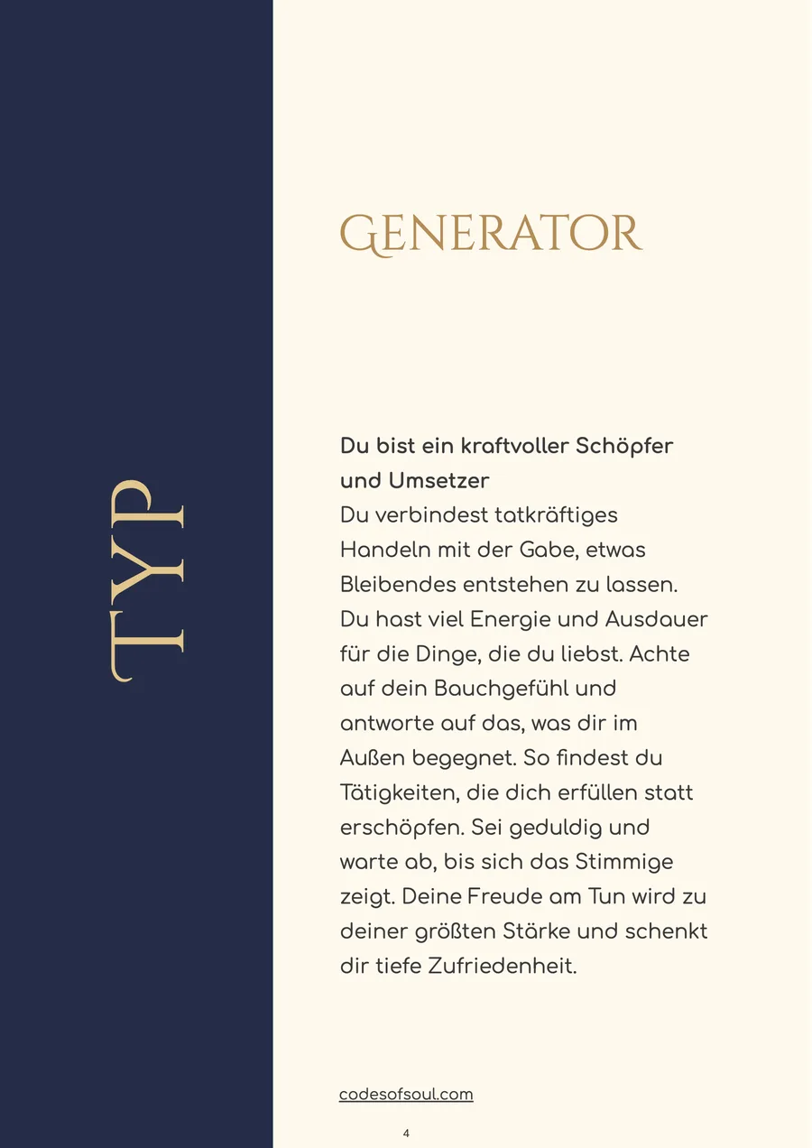 Seite aus einer Human Design Auswertung als PDF: der Typ Generator